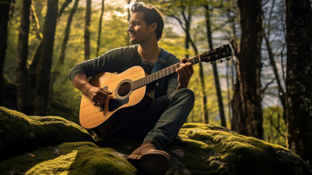 Guitarist seated in tranquil forest strumming in sunlit serenityの素材