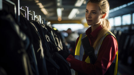 Flight attendant inspects safety gear pre-flightの素材