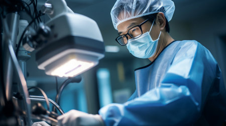 Radiologist in lead apron conducts fluoroscopy protection focusの素材