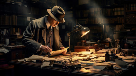 1920s detective's cluttered office investigating photos dim lightの素材