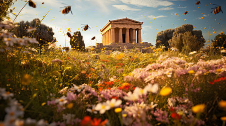 Greek temple among wildflowers bees and butterflies hover aroundの素材