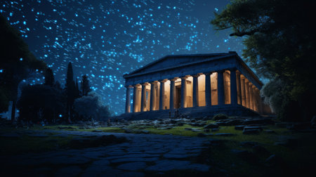 Natural luminescence at Greek temple blanketed by bioluminescent firefliesの素材