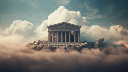 Cloud-swirled Greek temple on floating island surreal and otherworldlyの素材