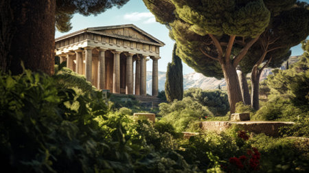 Alien botanical garden enfolds Greek temple exotic flora thrivesの素材