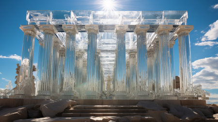 Crystal-carved Greek temple columns refract sunlight in dazzling colorsの素材