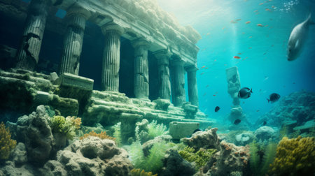 Greek temple on ocean floor vibrant coral and exotic fish aboundの素材