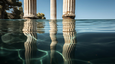 Submerged Doric column in pond its reflection shimmering on waterの素材
