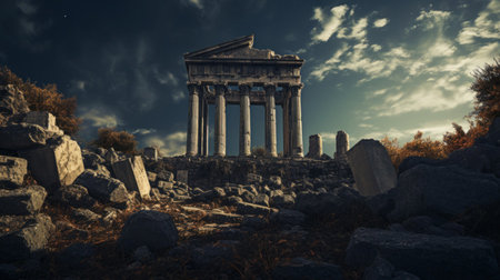 Post-apocalyptic Greek temple enveloped by nature ruins blend with growthの素材