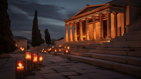 Torches and lanterns light up Greek temple at dusk ancient ritualsの素材