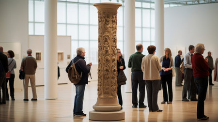 In a contemporary art setting a Doric column draws admirers of its timeless eleganceの素材