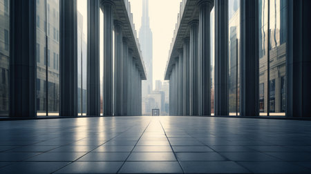 In futuristic city Doric columns rise within glass and steel skyscrapersの素材