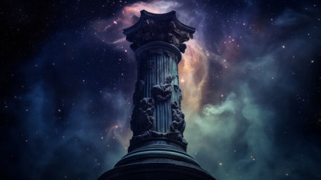 Cosmic backdrop of swirling nebulae accentuates the otherworldliness of a Doric columnの素材