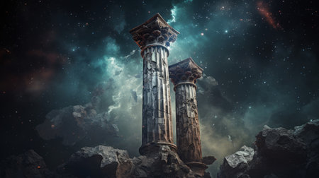 Celestial scene with a Doric column against the backdrop of cosmic nebulaeの素材