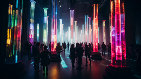 Modern art Doric column surrounded by changing light projectionsの素材