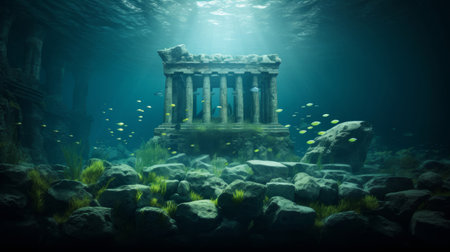 Serene underwater world hosts vibrant life around Doric templeの素材
