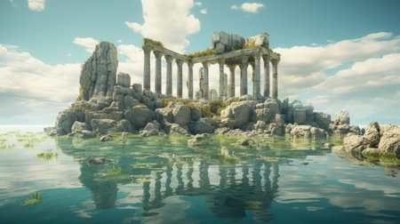 Floating islands bear a Doric temple bridging reality with the surrealの素材