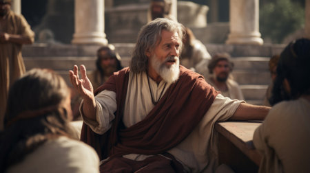 Animated philosophical debate unfolds in the agora ideas clashing with passionの素材