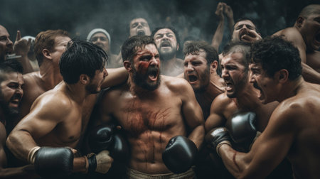 Athletes in ancient boxing match with raised fistsの素材