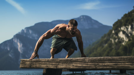 Athlete's stone-lifting on serene floating platform in lakeの素材