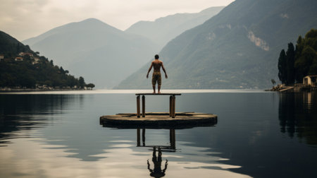 Gymnast on floating platform in lake creates mesmerizing sightの素材