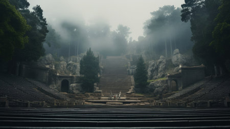 Greek theater in mist creates serene otherworldly performance ambienceの素材