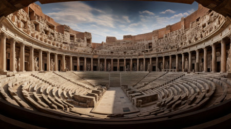 Amphitheater and colossal hourglass blend surreal performance unfoldsの素材