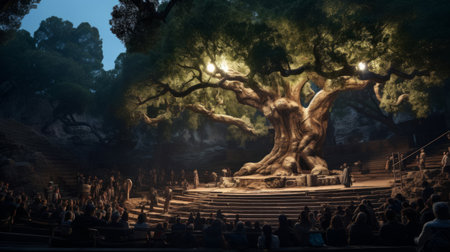Ancient tree in mystical forest becomes part of Greek theater stageの素材