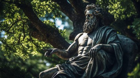 Philosopher statue in living tree symbolizes wisdom-nature fusionの素材