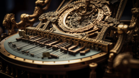 Clockwork-geared lyre animates machinery creating mechanical scenes with musicの素材