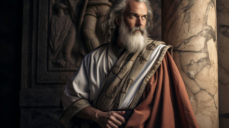 Toga-clad historian chronicling events of past robe inscribed with hieroglyphs and scrollsの素材