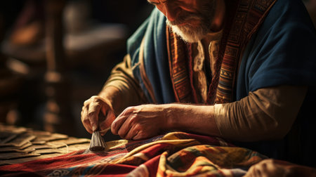 Ancient Greek weaver crafting intricate toga with colorful threadsの素材