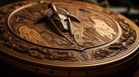 Hoplite's shield carved with valor scenes in armory.の素材