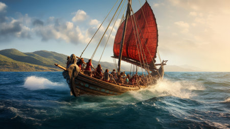 Ancient Greek ship sailing on vast sea crew in colorful togasの素材