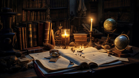 Philosopher's study with scrolls instruments bathed in candlelightの素材