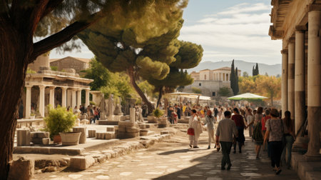 Bustling Greek agora: Market stalls philosophers citizensの素材