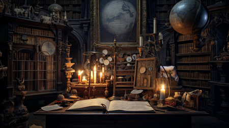 Study filled with scrolls ancient manuscripts astronomical instrumentsの素材