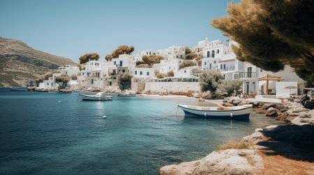 Tranquil Greek fishing village with whitewashed houses fishing boatsの素材