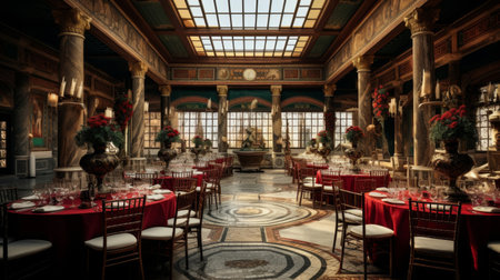 Roman villa's opulent banquet hall with decorated tables feastsの素材