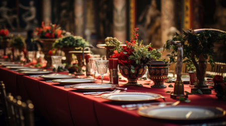 Opulent Roman villa banquet hall with decorated tables feastsの素材