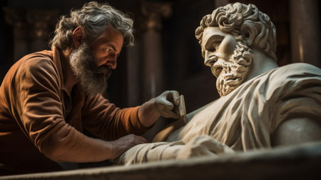 Roman sculptor crafting marble statue of esteemed individualの素材