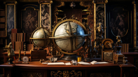 Roman scholar's chamber adorned with maps globes scrolls knowledge pursuitの素材