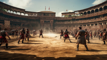 Roman gladiatorial school's training grounds with gladiators duelingの素材