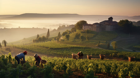 Roman vineyard at sunrise workers harvesting grapes peaceful countrysideの素材