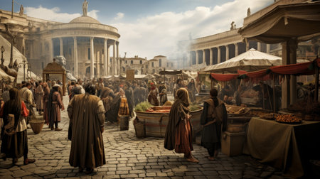 Roman market square bustling trade fair merchants offering exotic goodsの素材