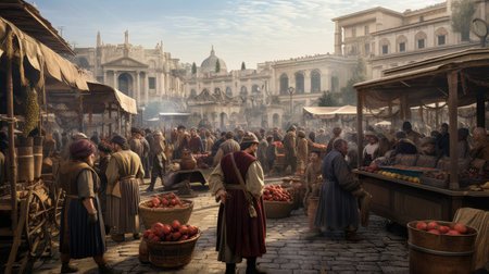 Roman market square bustling trade fair merchants offering exotic goodsの素材