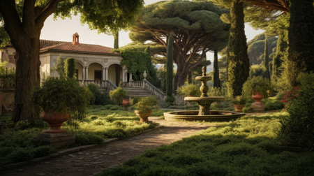Roman countryside villa's garden lush greenery sculptures peaceful pathwaysの素材