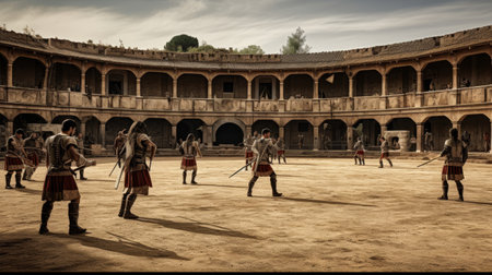 Roman gladiatorial school's training grounds gladiators practice combatの素材