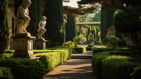 Roman countryside villa's garden lush greenery sculptures peaceful pathwaysの素材
