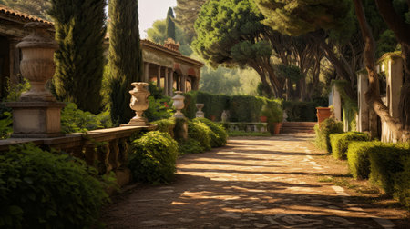 Roman countryside villa's garden lush greenery sculptures peaceful pathwaysの素材