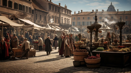 Roman market square bustling trade fair merchants offering exotic goodsの素材